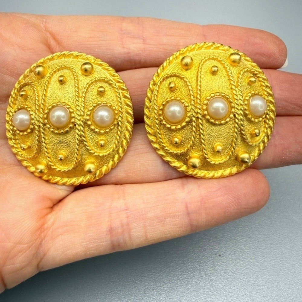Vintage Earrings Etruscan Revival Clip On Gold Tone Faux Pearl Signed